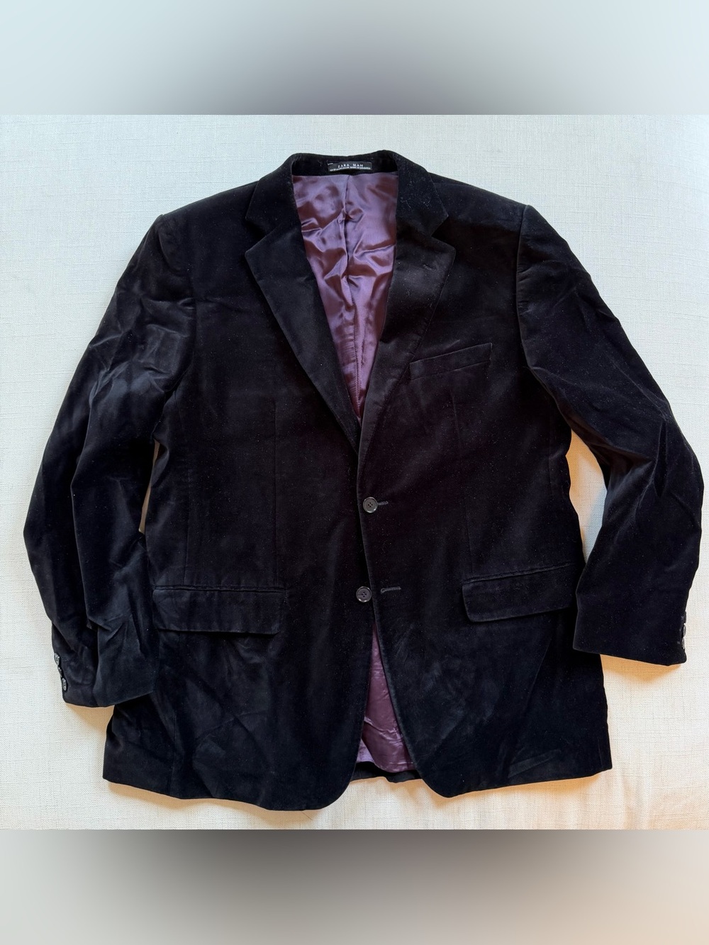 Zara Black Velvet Blazer with Plum Satin Lining